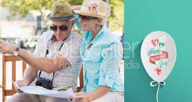 Composite image of happy tourist couple looking at map in the ci