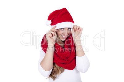 young beautiful woman with red scarf and christmas hat