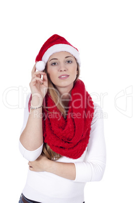 young beautiful woman with red scarf and christmas hat