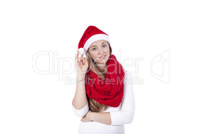 young beautiful woman with red scarf and christmas hat