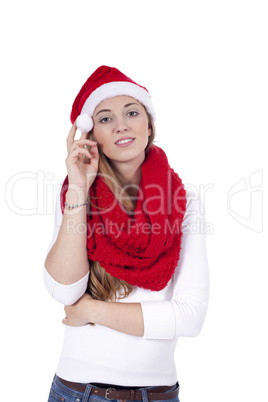 young beautiful woman with red scarf and christmas hat