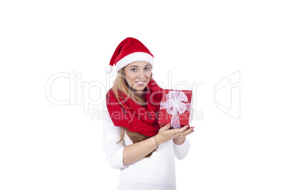 young smiling girl with red hat and present christmas