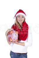 young smiling girl with red hat and present christmas