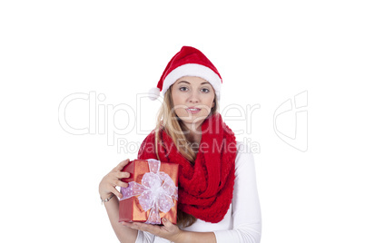 young smiling girl with red hat and present christmas