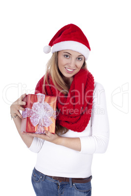 young smiling girl with red hat and present christmas