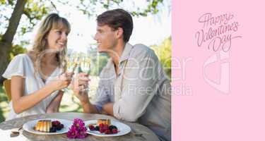 Composite image of cute happy couple sitting outside toasting wi