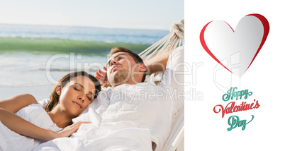 Composite image of peaceful couple napping in a hammock