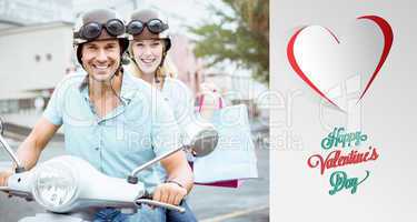 Composite image of hip young couple riding scooter with shopping