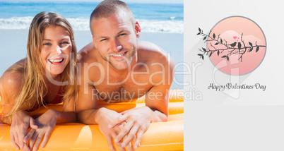 Composite image of happy cute couple in swimsuit posing