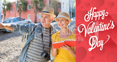 Composite image of happy tourist couple using guide book in the