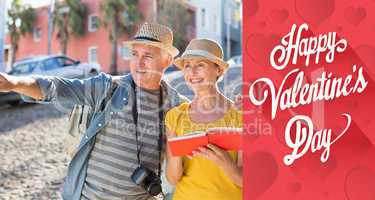 Composite image of happy tourist couple using guide book in the