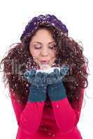 beautiful smiling brunette woman in snow in winter