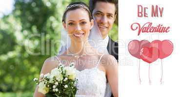 Composite image of smiling bride and groom in garden