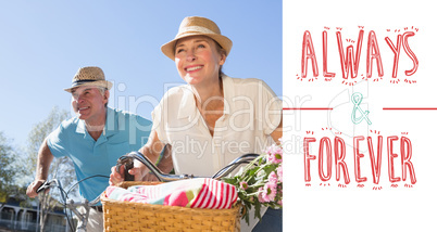 Composite image of happy senior couple going for a bike ride in