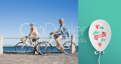 Composite image of happy casual couple going for a bike ride on Composite image of happy casual couple going for a bike ride on