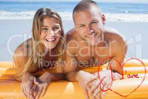 Composite image of happy cute couple in swimsuit posing