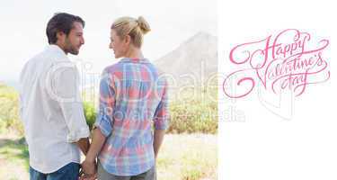 Composite image of cute couple standing hand in hand smiling at
