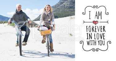 Composite image of carefree couple going for a bike ride and pic