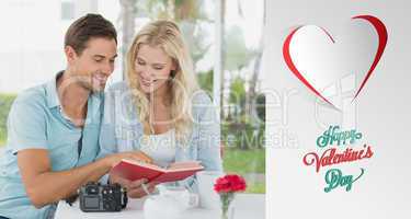 Composite image of cute hipster couple reading book together at