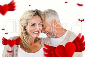 Composite image of happy couple laughing together woman looking