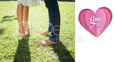 Composite image of couples bare feet standing on grass