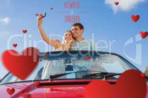Composite image of cheerful couple standing in red cabriolet tak