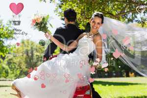 Composite image of newlywed couple sitting on scooter in park