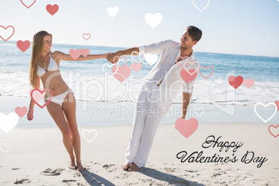 Composite image of couple holding hands and leaning to either si