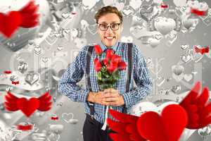 Composite image of geeky hipster holding a bunch of roses