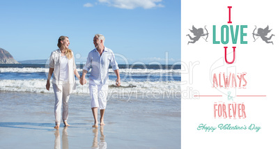 Composite image of happy couple walking barefoot on the beach