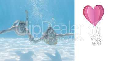Composite image of cute couple smiling at camera underwater in t