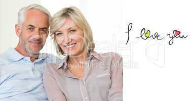 Composite image of smiling mature couple sitting on sofa with ar