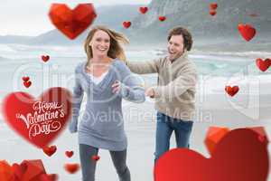 Composite image of cheerful couple running at beach