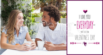 Composite image of happy couple having coffee together