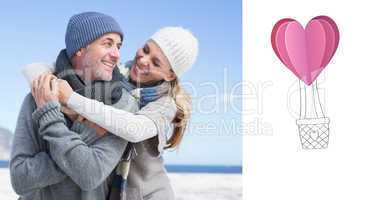 Composite image of attractive couple hugging on the beach in war
