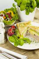 fresh tasty club sandwich with cheese and ham on table