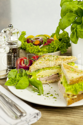 fresh tasty club sandwich with cheese and ham on table