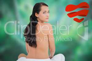 Composite image of beautiful brunette posing nude with towel at