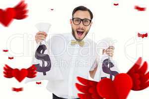 Composite image of geeky businessman holding money bags