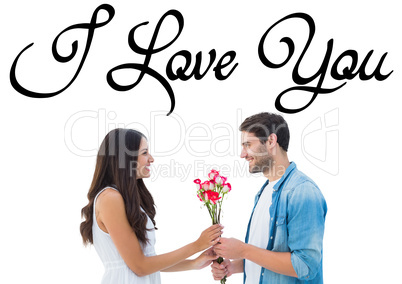 Composite image of happy hipster giving his girlfriend roses