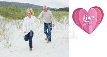 Composite image of cheerful senior couple running at beach