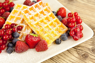 fresh tasty waffer with powder sugar and mixed fruits