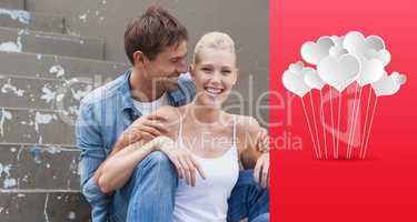 Composite image of hip young couple in denim sitting on steps