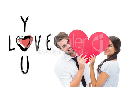 Composite image of couple smiling at camera holding a heart