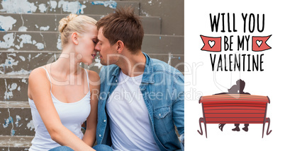 Composite image of hip young couple sitting on steps kissing Composite image of hip young couple sitting on steps kissing