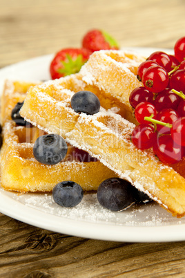 fresh tasty waffer with powder sugar and mixed fruits