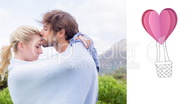 Composite image of cute affectionate couple standing outside wra