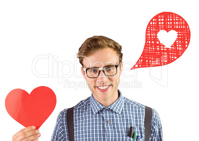 Composite image of geeky hipster holding a heart card