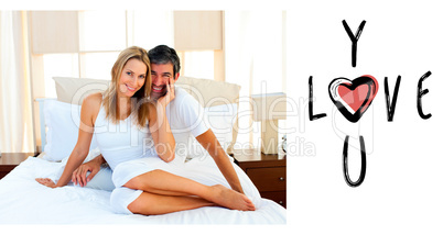 Composite image of portrait of lovers sitting on bed