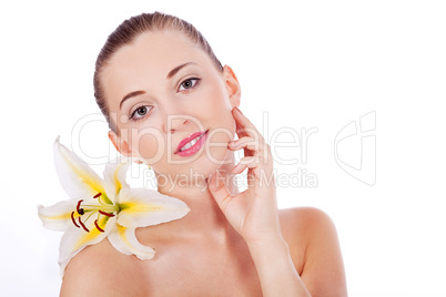 young beautiful woman portrait with white flower